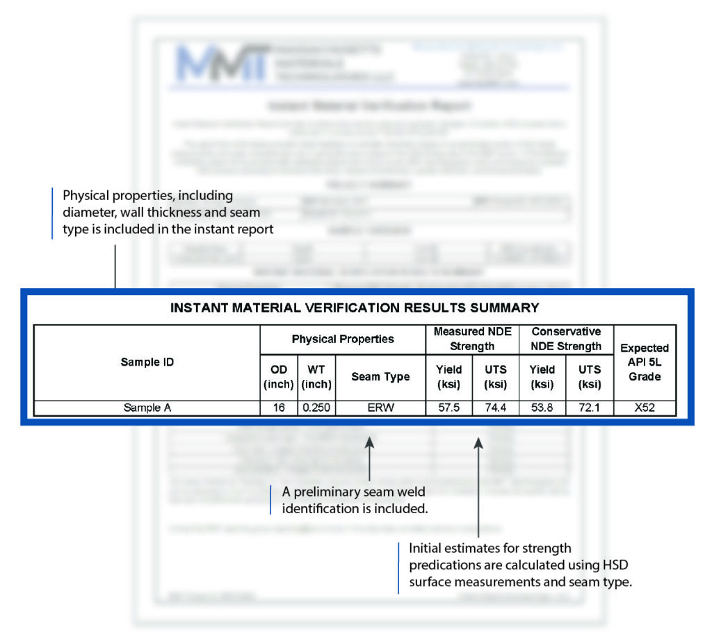 Instant Report example highlighting where the report shows weld identification, grade estimates, and physical properties.